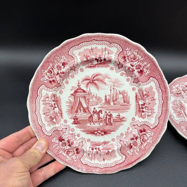 A Pair of Antique Staffordshire "Palestine" Pink Transfer Decorated Plates, 1830’s Made in the Staffordshire district of...