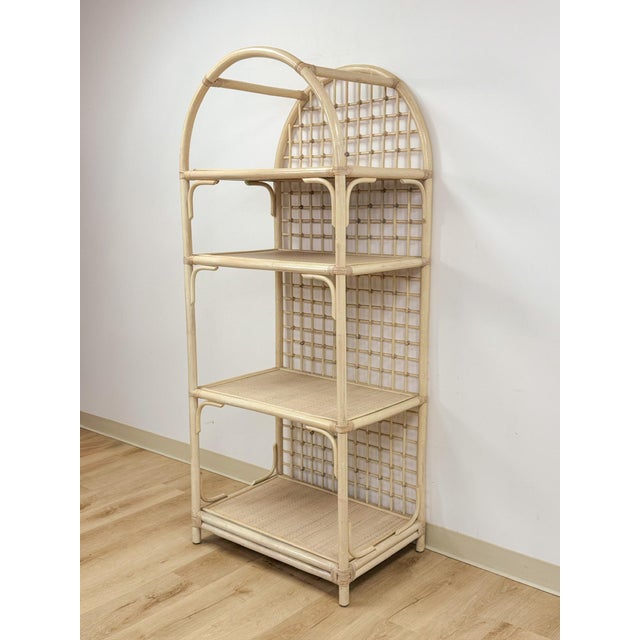 Vintage Arched Blonde Rattan Lattice Etagere Coastal Boho Hollywood Regency For Sale - Image 4 of 16