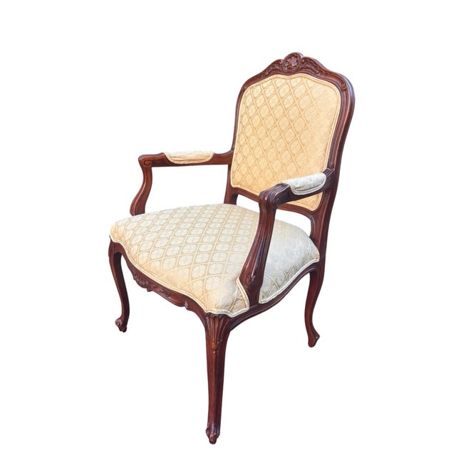 Ethan Allen Ethan Allen French Louis XV Style Carved Cherry Armchair in Cream Damask For Sale - Image 4 of 11