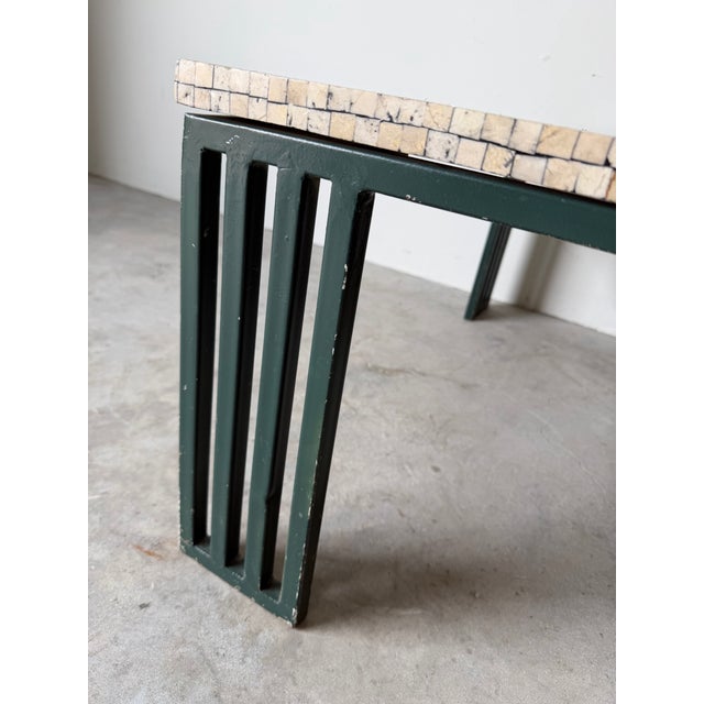 1980’s Vintage Floral Medallion Design Mosaic Top Coffee Table With Green Painted Iron Base/Sold For Sale - Image 9 of 12