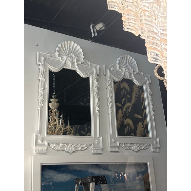 Hollywood Regency Vintage Palm Beach Shell Draped White Lacquered Wall Mirror Pair Available For Sale - Image 3 of 11