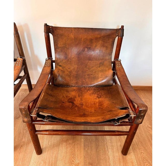 Vintage Buffalo Leather Safari Armchair in Oak Frame, 1970s, Set of 2 For Sale - Image 4 of 9