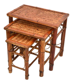 Vintage Chinoiserie Bamboo & Cane Nesting Tables / Stacking Tables Handcrafted, Set 3