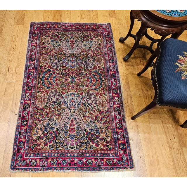 19th Century Persian Kerman Lavar Rug, Hand-Knotted Wool, All-over Floral Pattern, Ivory & Green, 3x5 For Sale - Image 10 of 13