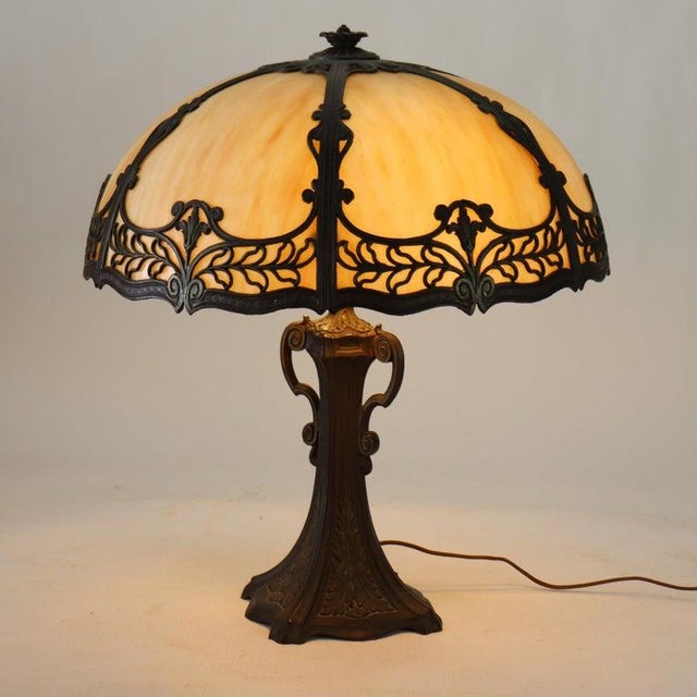 1920s Antique Bradley & Hubbard School 6 Panel Slag Glass Lamp C1920 For Sale - Image 5 of 11