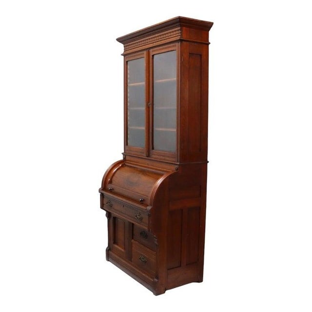 Victorian Victorian Walnut & Burl Roll Top Secretary Desk C1880 For Sale - Image 3 of 13
