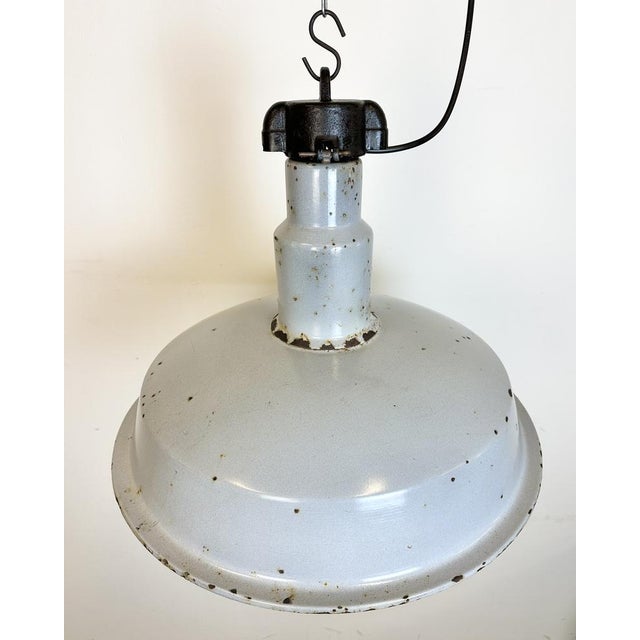 Gray Large Mid-Century Industrial Grey Enamel Factory Lamp, 1950s For Sale - Image 8 of 17