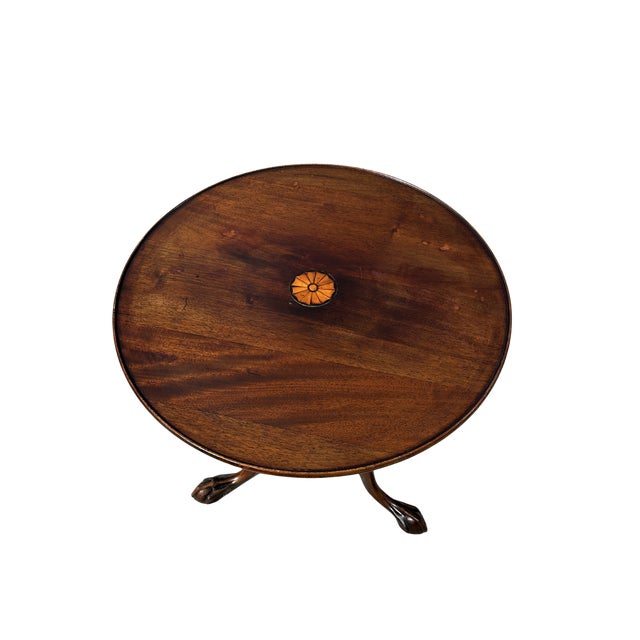 Antique George III Mahogany Tilt-Top Tea Table With Satinwood Inlay & Ball-and-Claw Feet | Birdcage Tripod Base For Sale - Image 10 of 13