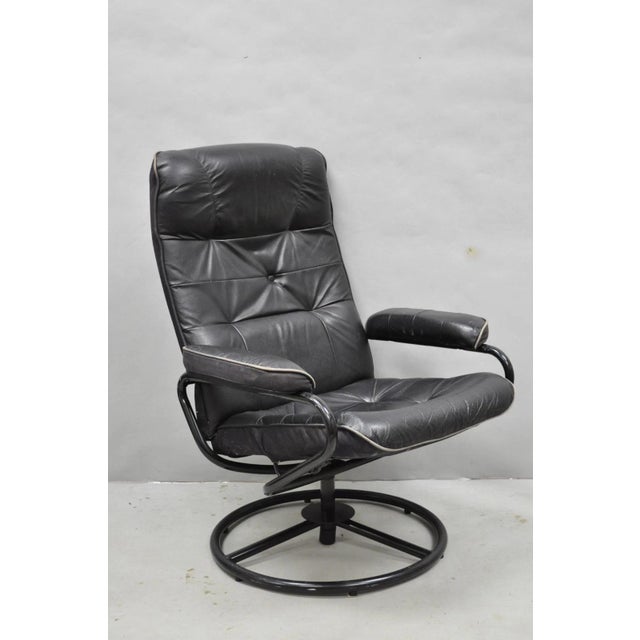 Vintage Black Leather Ekornes Stressless Style Swivel Recliner Lounge Chair For Sale - Image 17 of 17