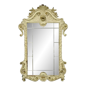 Antique Victorian White Shabby Distress Painted Chic Rose Carved Wall Mirror