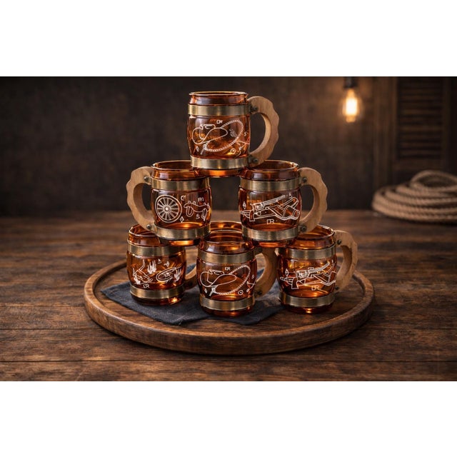 1960s Vintage Siesta Ware Amber Western Cowboy Bar Mugs — Set of 6 For Sale - Image 5 of 8
