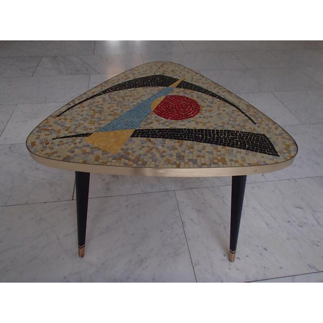 Mid-Century Modern Triangular Mosaic Table with Brass Trim and Black Feet, 1950s For Sale - Image 3 of 12