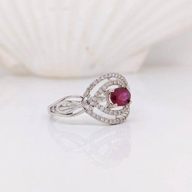 2020s Celtic Inspired East West Mozambique Ruby and Natural Diamond Ring in 14k Gold, Size 6.75 For Sale - Image 5 of 11