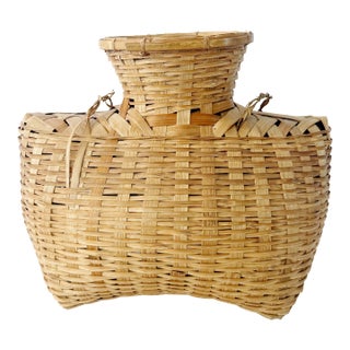 Vintage 1960s Philippines Alat Fish Creel Bamboo Basket & Funnel For Sale