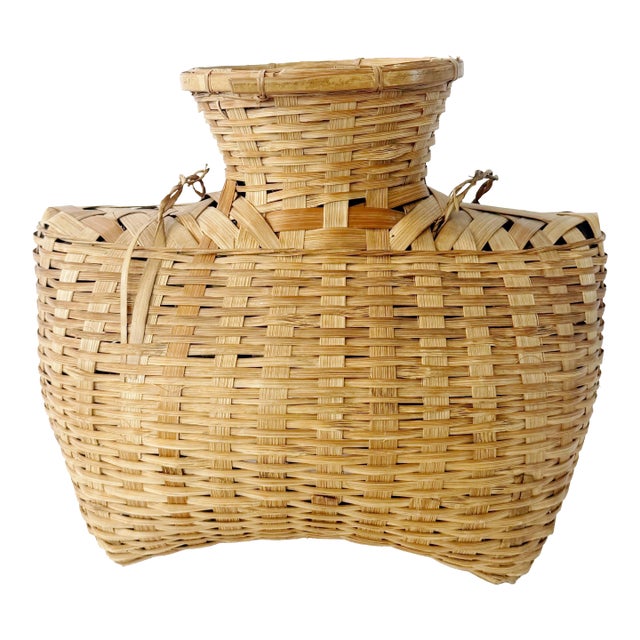 Vintage 1960s Philippines Alat Fish Creel Bamboo Basket & Funnel For Sale