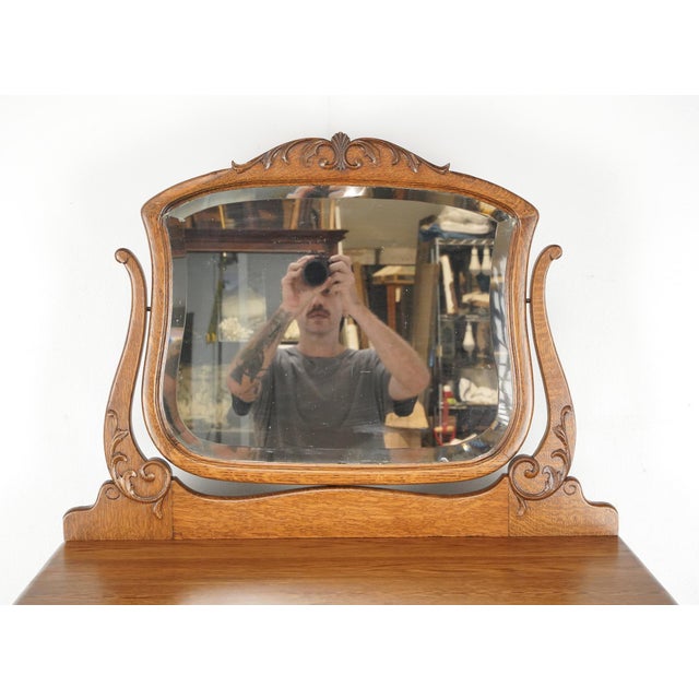 Traditional Vintage Traditional Tiger Oak Tall Dresser With Beveled Mirror For Sale - Image 3 of 14