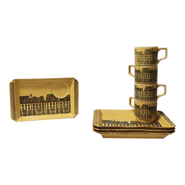 Mid Century Regency Row Snack Sets Service for Four - Snack Trays & Mugs –8 Pieces For Sale