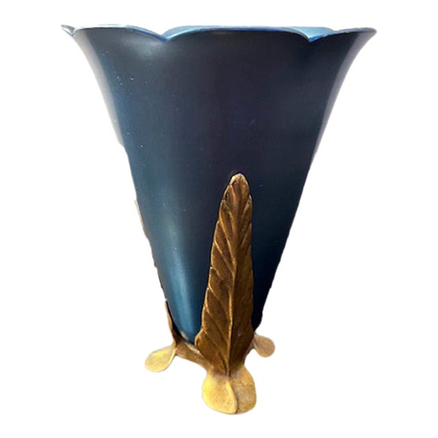 Vintage McClelland Barclay Blue Coated Copper Vase With Bronze Base For Sale
