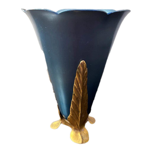 Vintage McClelland Barclay Blue Coated Copper Vase With Bronze Base