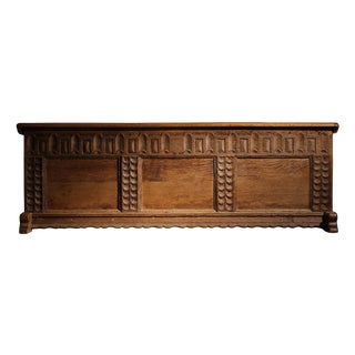German Handcrafted Oak Chest with Rustic Carvings For Sale