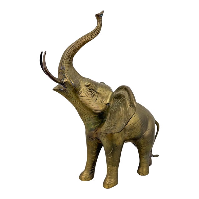 Large Vintage Brass Elephant Sculpture MCM Decor Animal Figurine With Patina For Sale