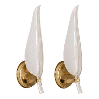1970s Wall Lights Murano Glass Leaf Sconces Brass by Franco Luce - Pair For Sale