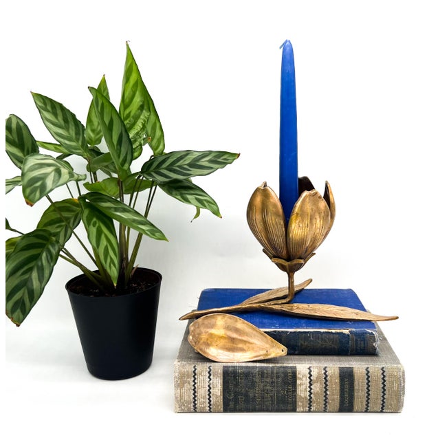 Sculptural vintage brass flower candleholder dating to the late 20th century. The set includes six removable petal-shaped...