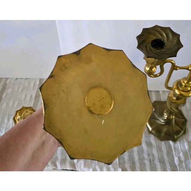 Brass Two Vintage 3 Light Brass Metal churchAltar Candelabra Candlesticks 18" Decor For Sale - Image 8 of 12