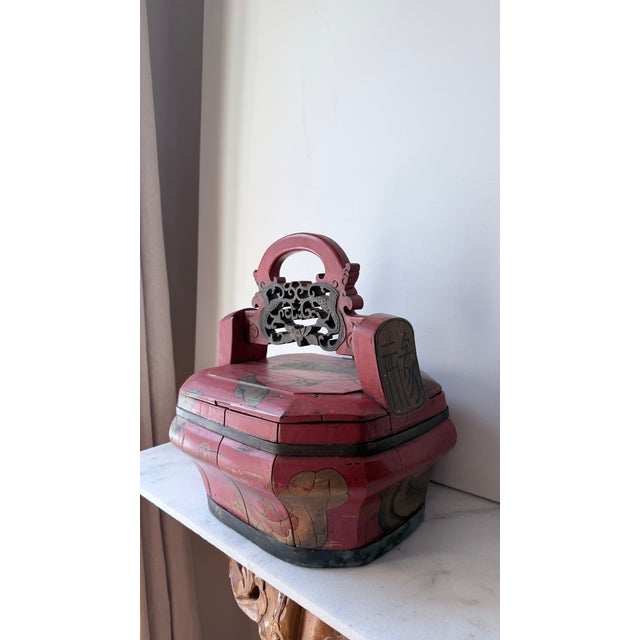 Chinese Antique Chinese Red Wooden Wedding Bridal Box For Sale - Image 3 of 13