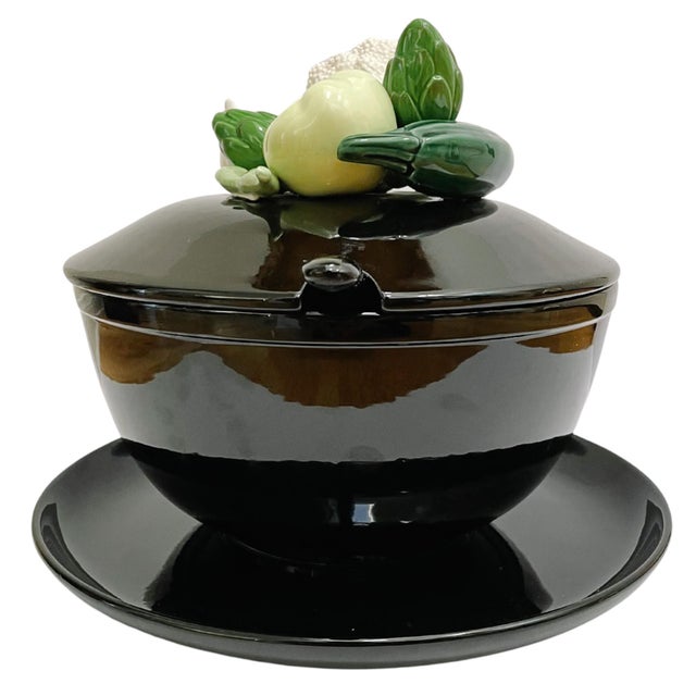 Art Deco 1980 Fitz & Floyd Black Soup Tureen With Lid, Underplate and Ladle - 4 PCS For Sale - Image 3 of 12
