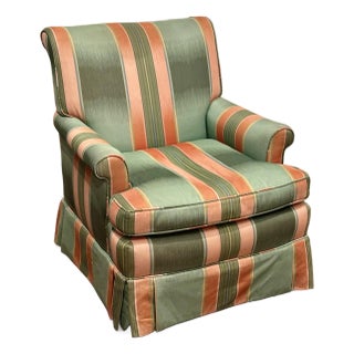 Green & Coral Striped Upholstered Club Chair, Palm Beach Style For Sale