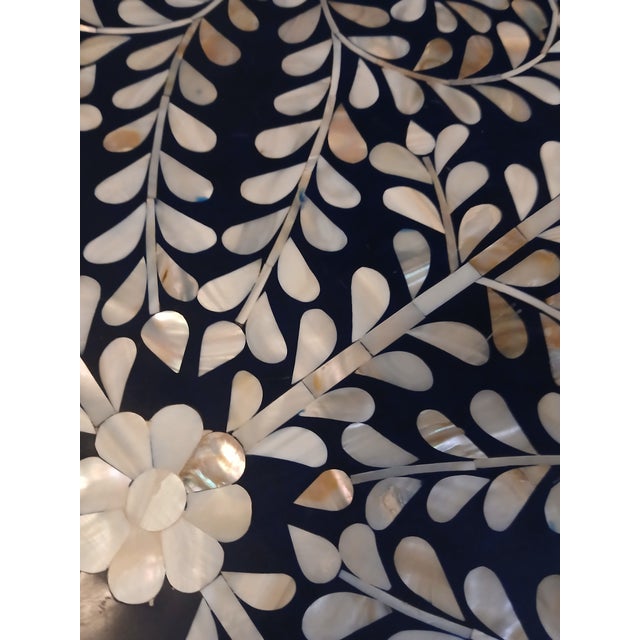 Blue Mid Century Blue Lacquer Table With Inlaid Mother of Pearl Design and Solid Brass Legs For Sale - Image 8 of 11