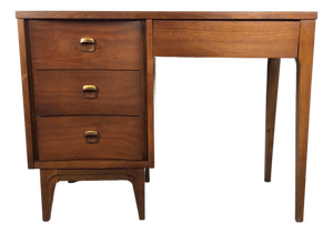 Mid Century Modern Four Drawer Writing Desk With Curved Drawer Fronts and Brass Hardware