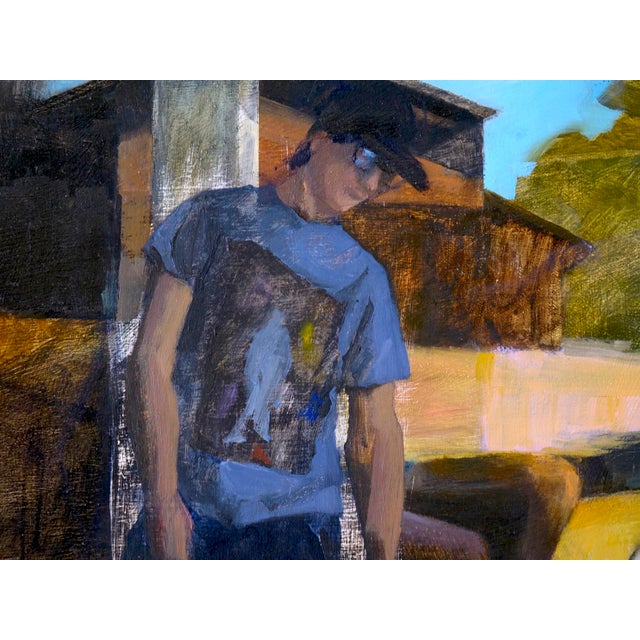 Before by Emma Kalff | Oil on panel depicting a figure standing near a table in a dimly lit setting. For Sale - Image 4 of 5