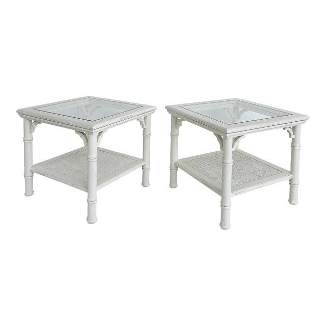 Mid-Century Mersman Faux Bamboo Caned Side Tables With Glass Tops, a Pair For Sale