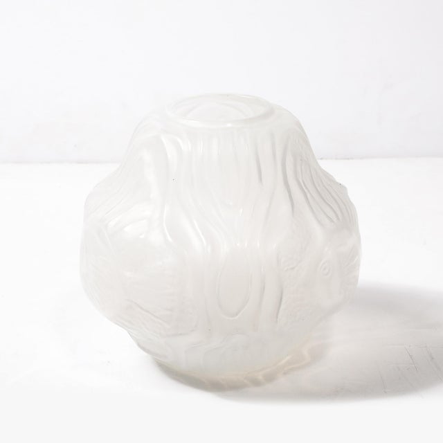1930s Art Deco Molded & Frosted Glass Vase With Aquatic Motif by André Hunebelle For Sale - Image 5 of 18