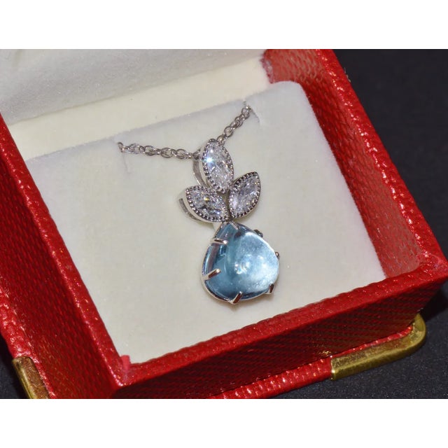 Blue Certified Natural 3.94Cts VS F Diamond Aquamarine 18K Solid Gold Milgrain Pendant Necklace For Sale - Image 8 of 10