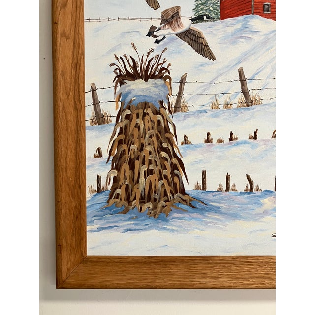 Textile Original Winter Farm Landscape Painting by S. Nelson – Farmhouse Barn & Flying Geese For Sale - Image 7 of 8