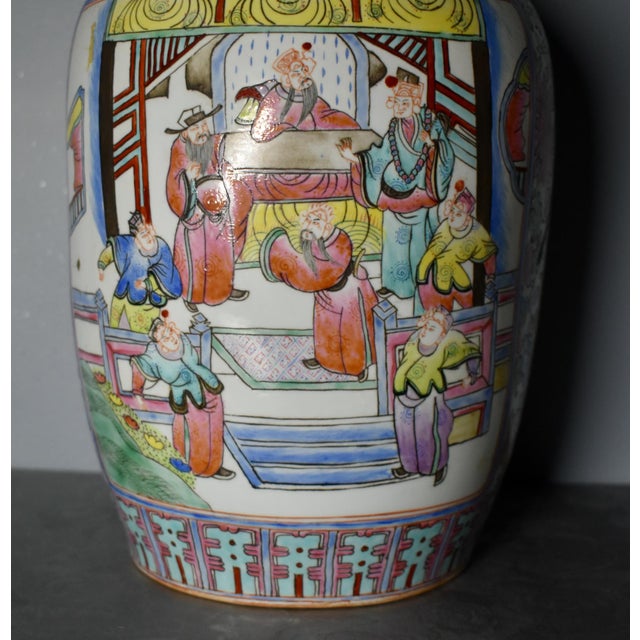 1980s Vintage Chinese Painted Ceramic Vase W/Floral & Figural Details For Sale - Image 5 of 12