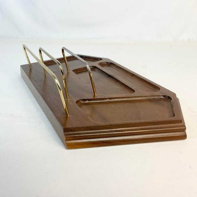 1970s Mid-Century Boho Chic Walnut & Brass Desk or Dresser Caddy Valet Tray. For Sale - Image 6 of 8
