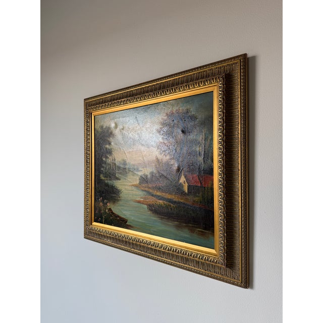 Impressionist Vintage European Countryside River Landscape Oil Painting on Canvas – Framed For Sale - Image 3 of 17