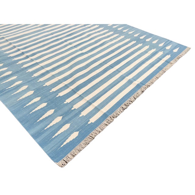 Handwoven Cotton Area Rug Vegetable Dyed Sky Blue and White Striped Dhurrie - 13'x18' For Sale - Image 9 of 12
