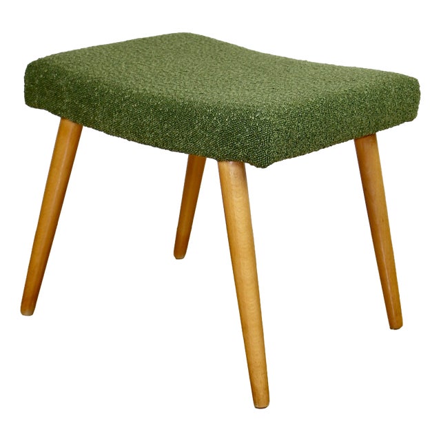 Large Olive Bouclé Stool with Round Beech Legs, 1970s For Sale