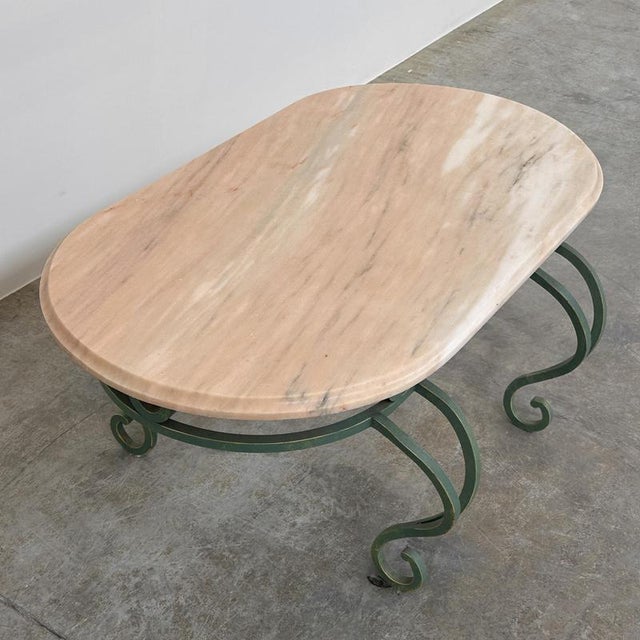 Cream Vintage Pink Marble and Green Wrought Iron Coffee Table, 1970s For Sale - Image 8 of 12