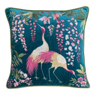 Luxury Teal Velvet Cushion Embroidered Crane Design Botanical Wisteria Motif Handcrafted Home Accessory Premium Designer Collection Piece For Sale