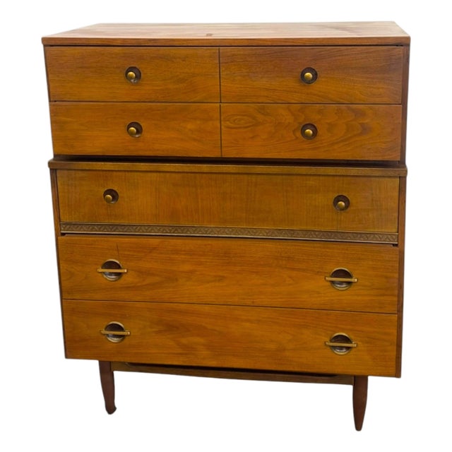 Vintage Mid Century Modern American Walnut Tallboy 5 Drawer Dresser For Sale