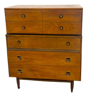 Vintage Mid Century Modern American Walnut Tallboy 5 Drawer Dresser