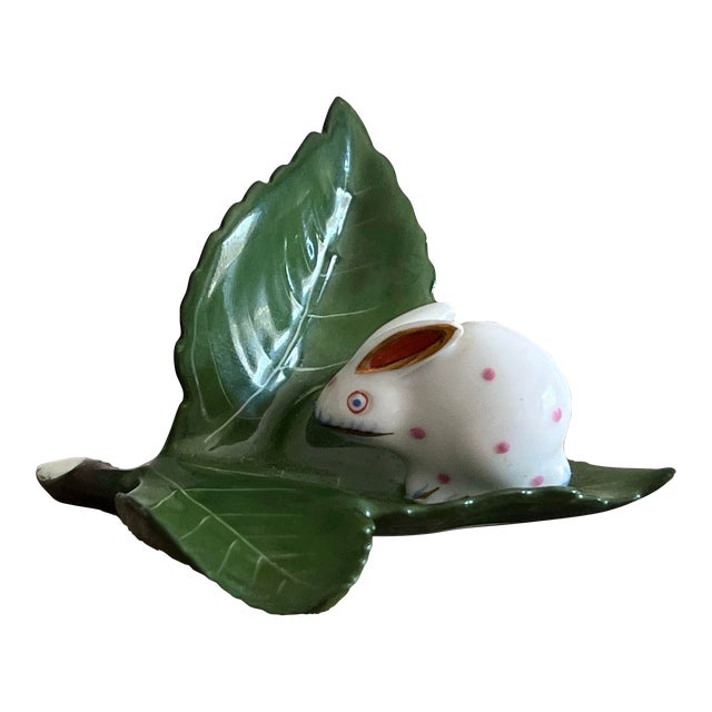 1980s Herend Porcelain Spotted Bunny on Leaf Figurine For Sale