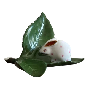 1980s Herend Porcelain Spotted Bunny on Leaf Figurine