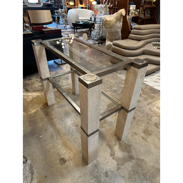 Mid-Century Modern Console Table by François Catroux in Chrome and Travertine for Angeletti Italy 1973 For Sale - Image 3 of 12